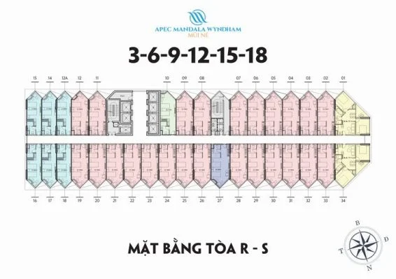 Mặt bằng căn hộ tầng 3-6-9-12-15-18 Block Ruby & Sapphire - Apec Mũi Né